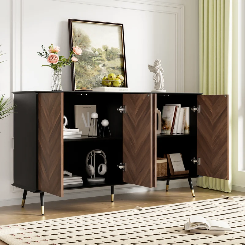 Buffet vintage effet bois et noir motif chevrons 4 portes pieds dorés CEDARFIELD