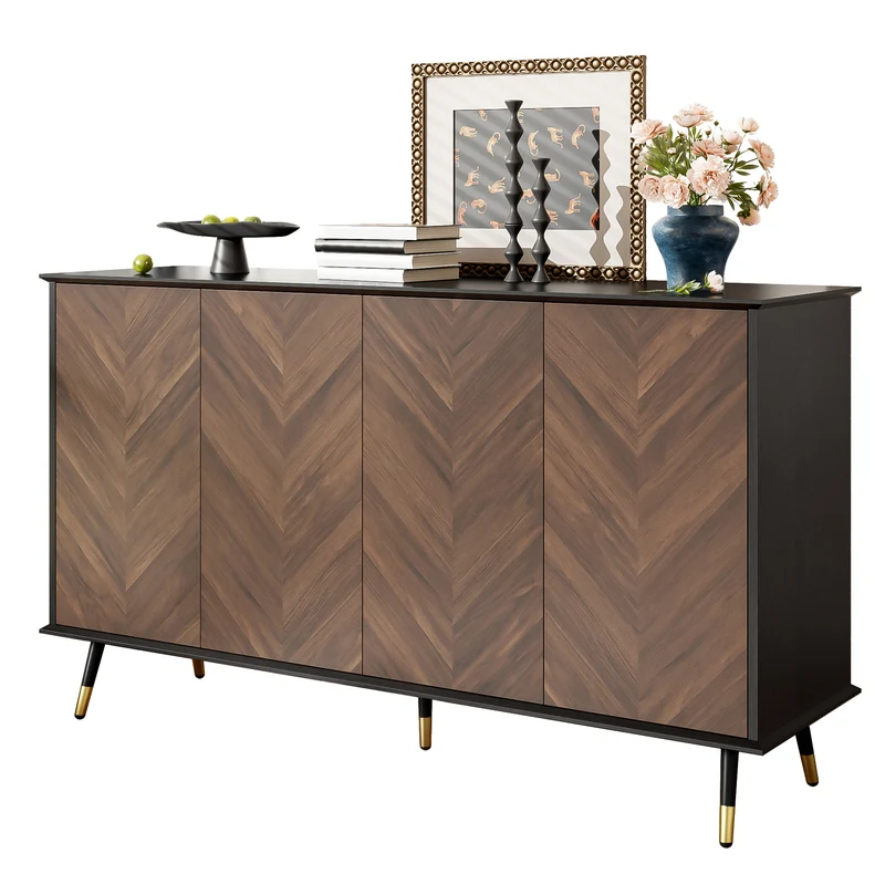 Buffet vintage effet bois et noir motif chevrons 4 portes pieds dorés CEDARFIELD