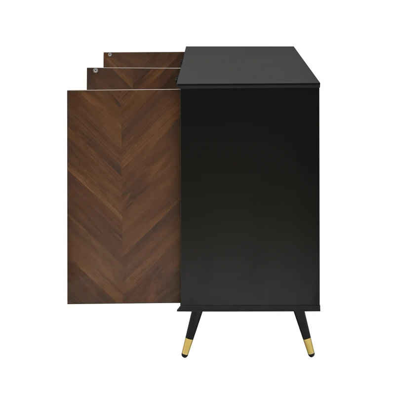Buffet vintage effet bois et noir motif chevrons 4 portes pieds dorés CEDARFIELD