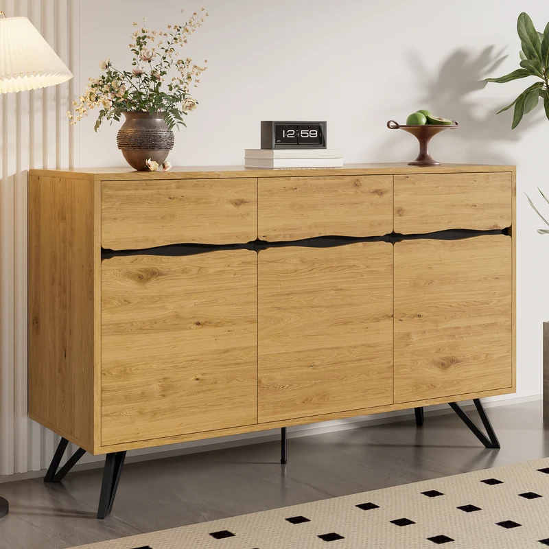 Buffet industriel effet bois 3 portes pieds métalliques RIDGECLIFF