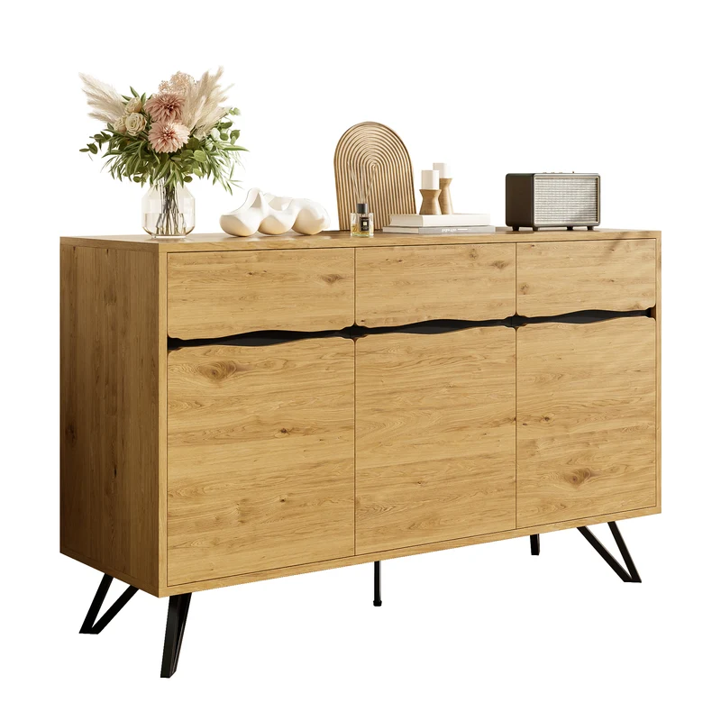 Buffet industriel effet bois 3 portes pieds métalliques RIDGECLIFF