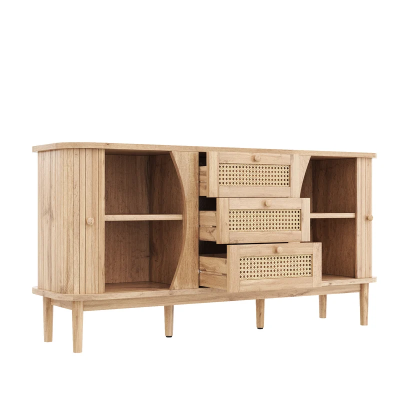 Buffet effet bois naturel 2 portes colissantes 3 tiroirs en rotin CEDARCREST