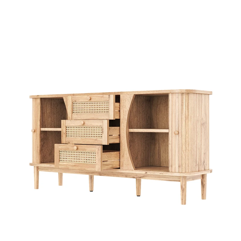 Buffet effet bois naturel 2 portes colissantes 3 tiroirs en rotin CEDARCREST