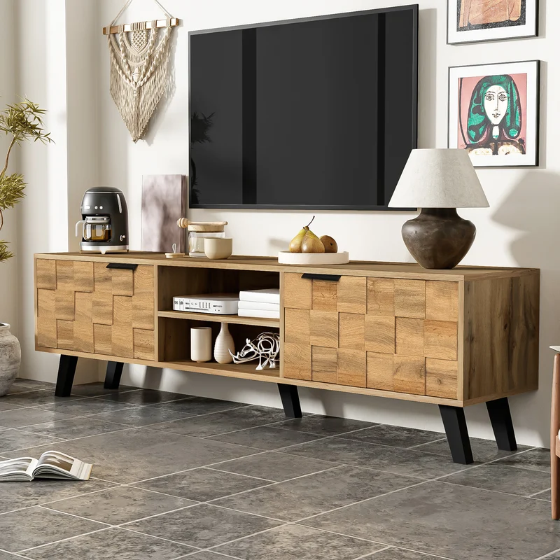 Meuble TV moderne effet bois avec 2 portes et 2 compartiments ouverts 160x35x45cm DHAASTI