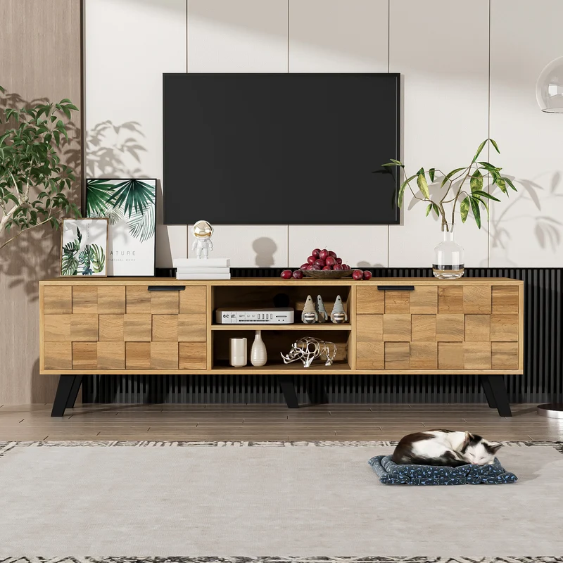 Meuble TV moderne effet bois avec 2 portes et 2 compartiments ouverts 160x35x45cm DHAASTI