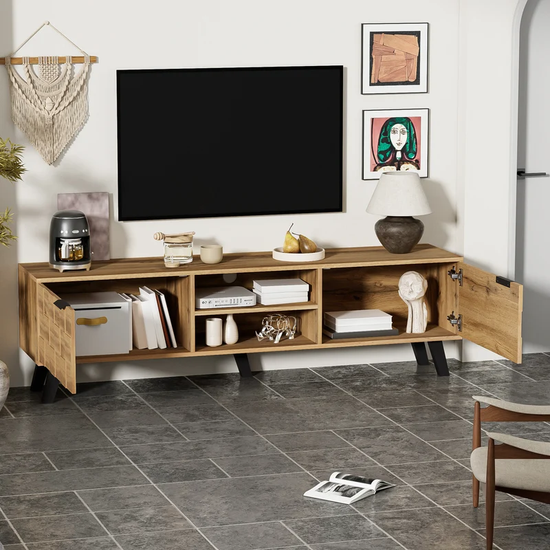 Meuble TV moderne effet bois avec 2 portes et 2 compartiments ouverts 160x35x45cm DHAASTI