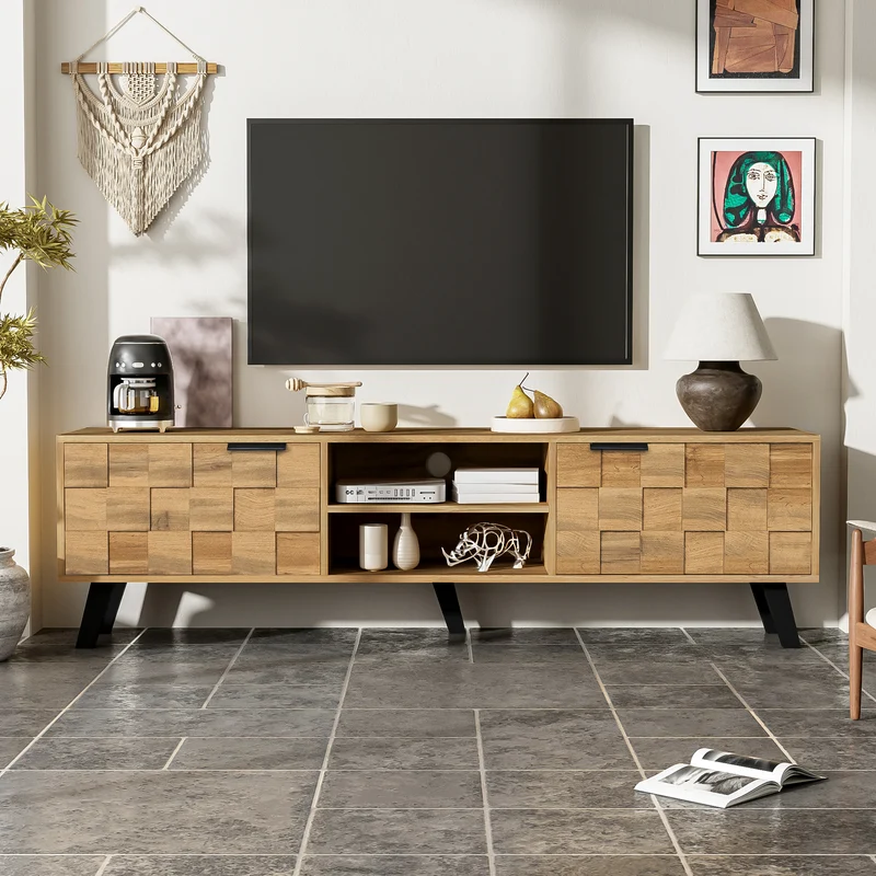 Meuble TV moderne effet bois avec 2 portes et 2 compartiments ouverts 160x35x45cm DHAASTI
