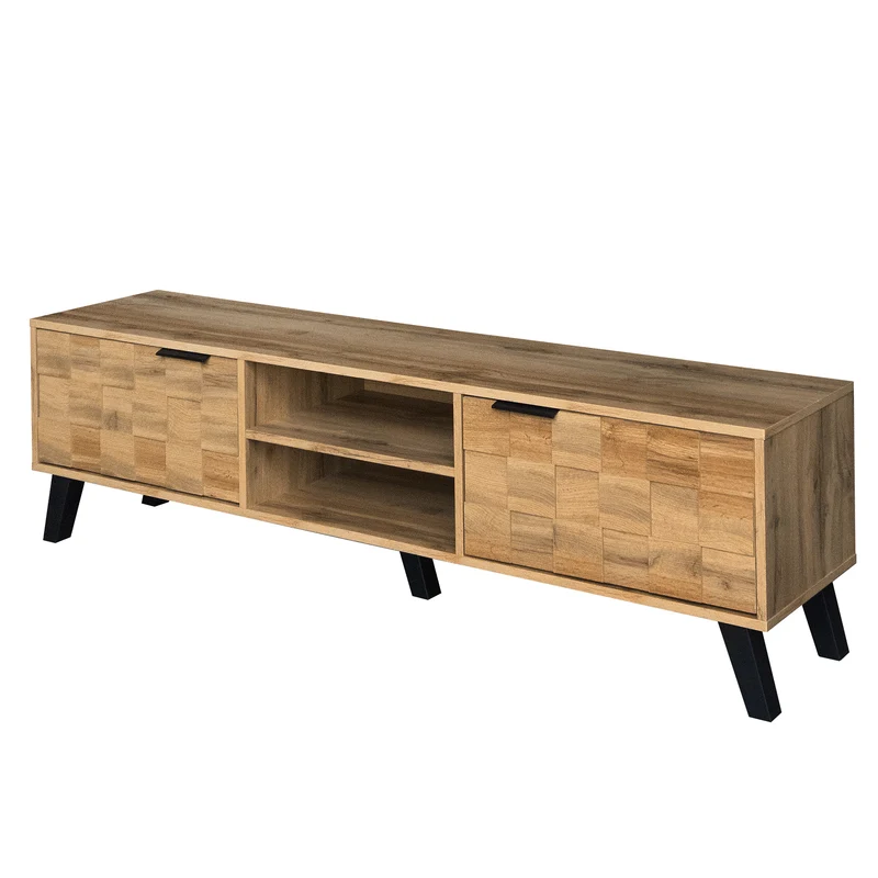 Meuble TV moderne effet bois avec 2 portes et 2 compartiments ouverts 160x35x45cm DHAASTI