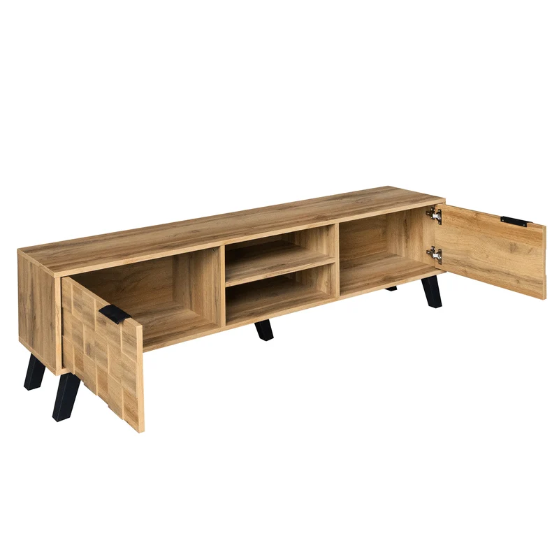Meuble TV moderne effet bois avec 2 portes et 2 compartiments ouverts 160x35x45cm DHAASTI