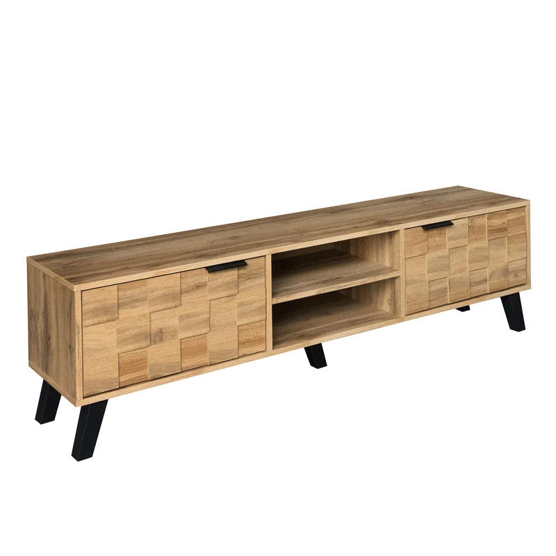 Meuble TV moderne effet bois avec 2 portes et 2 compartiments ouverts 160x35x45cm DHAASTI
