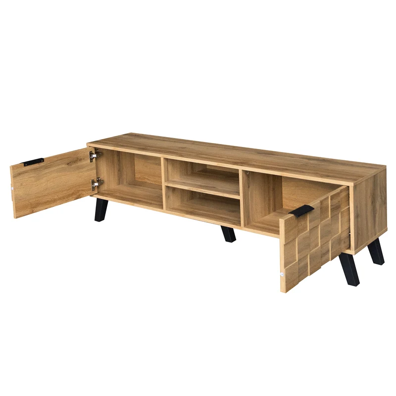 Meuble TV moderne effet bois avec 2 portes et 2 compartiments ouverts 160x35x45cm DHAASTI