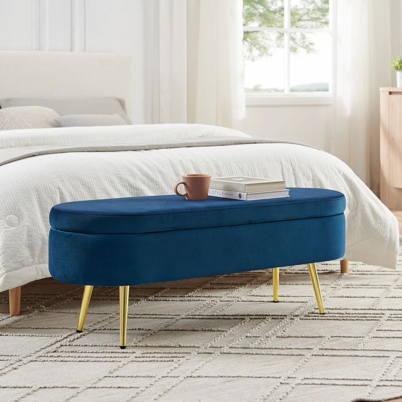 Banquette coffre pouf en velours bleu avec pieds dorés 20L 110x41x47 cm COALCOVE