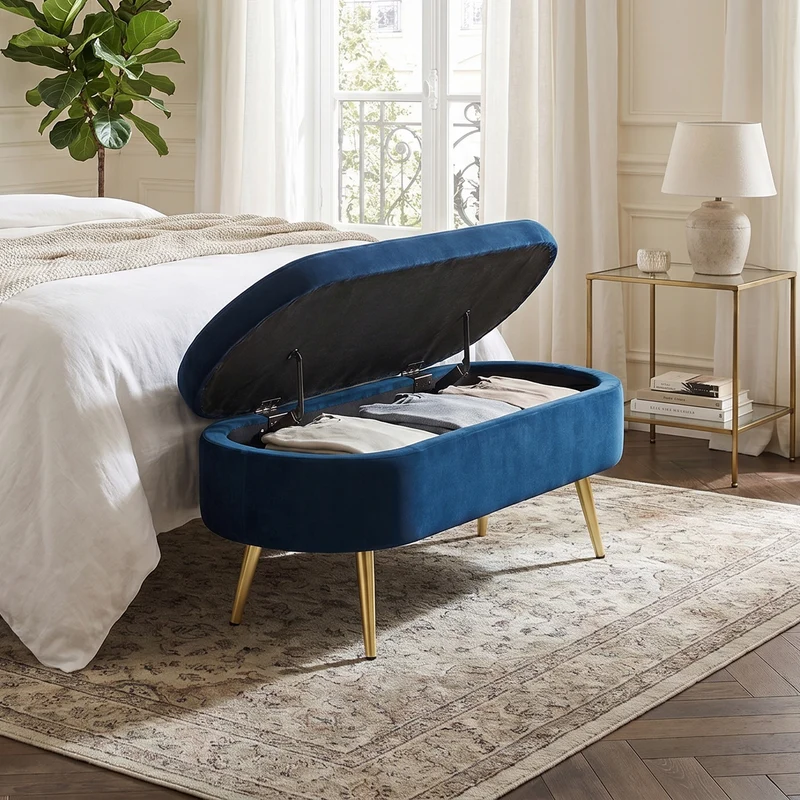 Banquette coffre pouf en velours bleu avec pieds dorés 20L 110x41x47 cm COALCOVE