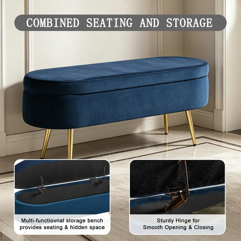 Banquette coffre pouf en velours bleu avec pieds dorés 20L 110x41x47 cm COALCOVE