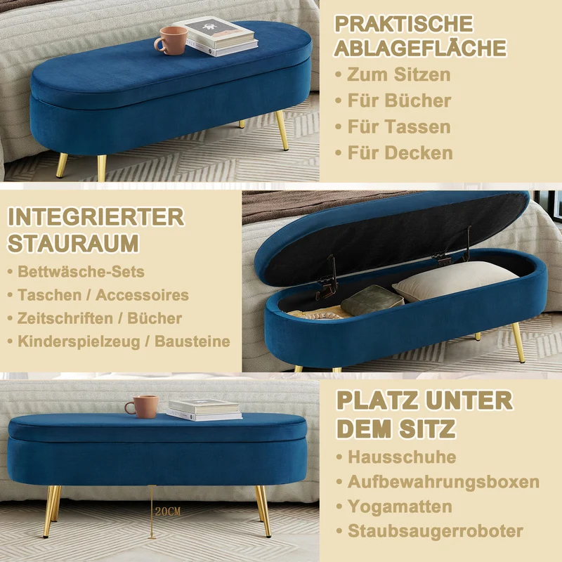 Banquette coffre pouf en velours bleu avec pieds dorés 20L 110x41x47 cm COALCOVE