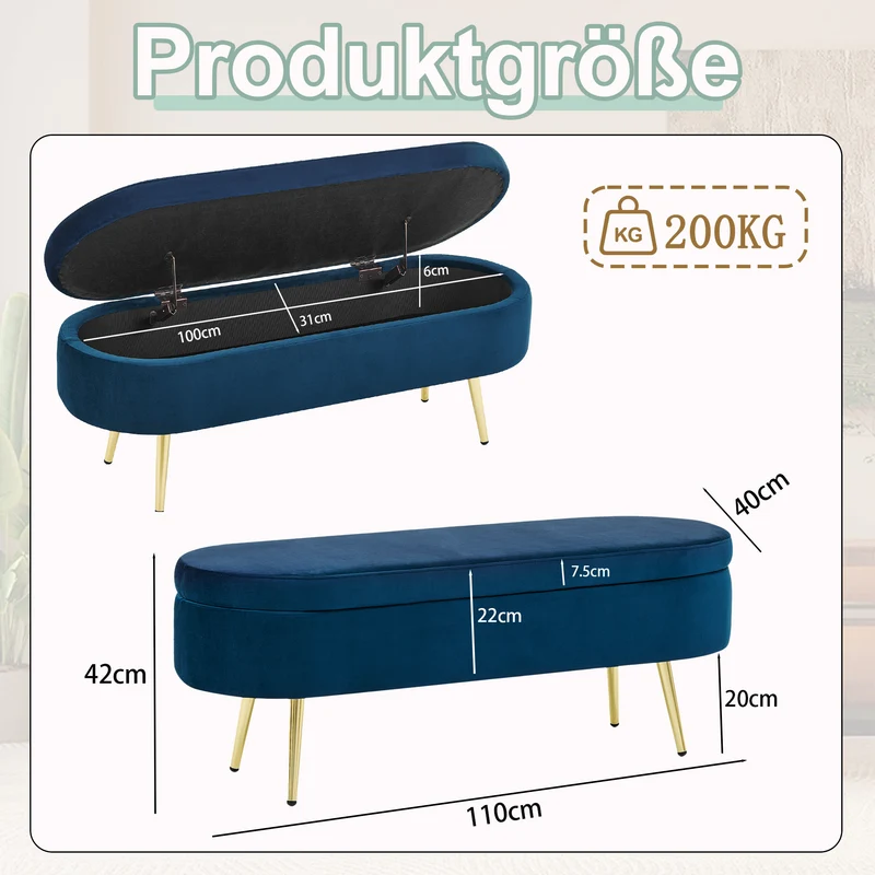 Banquette coffre pouf en velours bleu avec pieds dorés 20L 110x41x47 cm COALCOVE