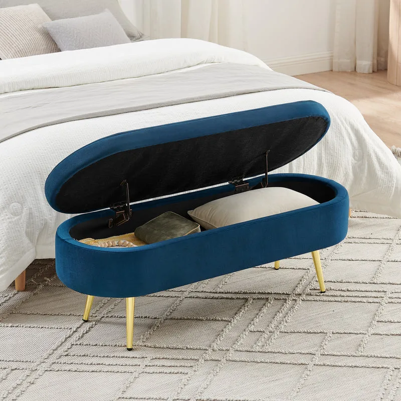 Banquette coffre pouf en velours bleu avec pieds dorés 20L 110x41x47 cm COALCOVE