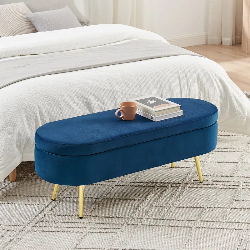 Banquette coffre pouf en velours bleu avec pieds dorés 20L 110x41x47 cm COALCOVE