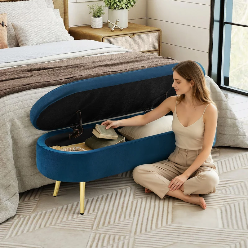 Banquette coffre pouf en velours bleu avec pieds dorés 20L 110x41x47 cm COALCOVE