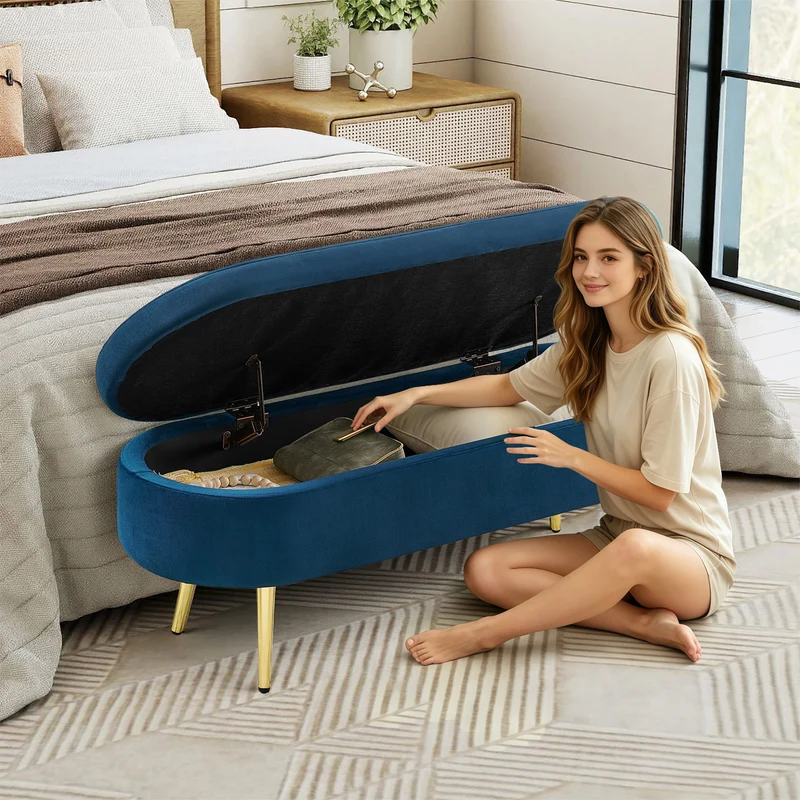 Banquette coffre pouf en velours bleu avec pieds dorés 20L 110x41x47 cm COALCOVE