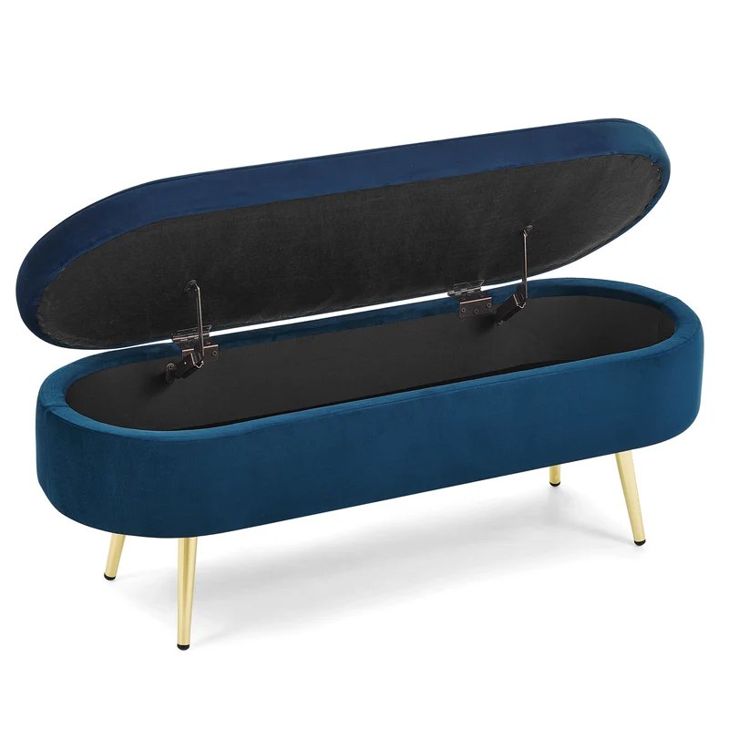 Banquette coffre pouf en velours bleu avec pieds dorés 20L 110x41x47 cm COALCOVE