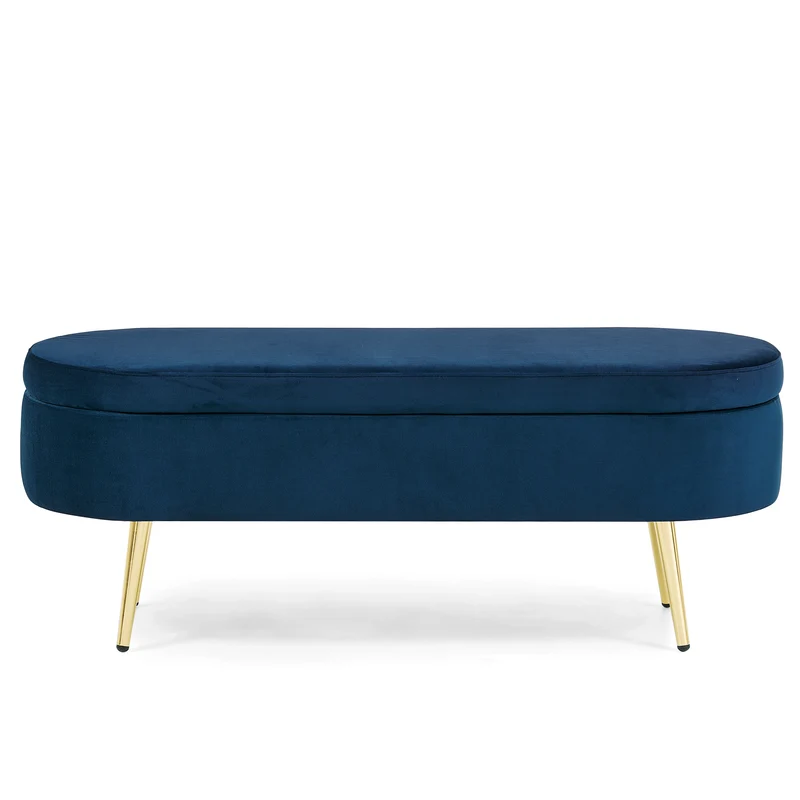 Banquette coffre pouf en velours bleu avec pieds dorés 20L 110x41x47 cm COALCOVE