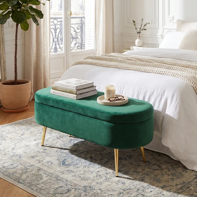 Banquette coffre pouf en velours vert avec pieds dorés 20L 110x40x42cm POTASSIUMPEAK