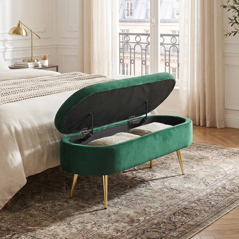Banquette coffre pouf en velours vert avec pieds dorés 20L 110x40x42cm POTASSIUMPEAK