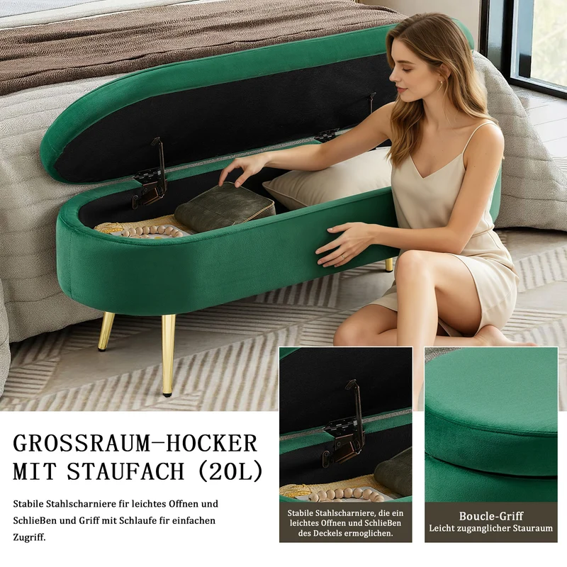 Banquette coffre pouf en velours vert avec pieds dorés 20L 110x40x42cm POTASSIUMPEAK
