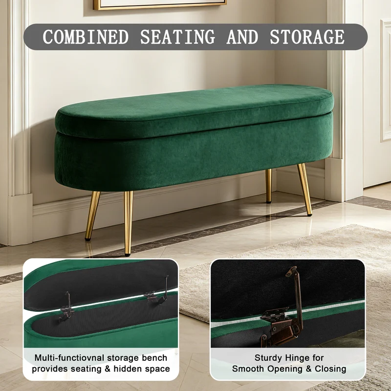 Banquette coffre pouf en velours vert avec pieds dorés 20L 110x40x42cm POTASSIUMPEAK