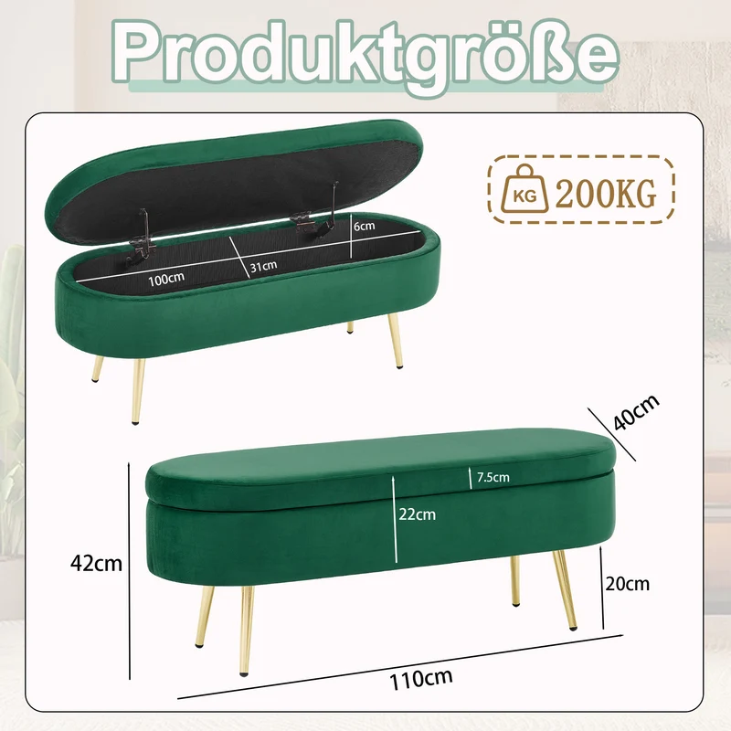 Banquette coffre pouf en velours vert avec pieds dorés 20L 110x40x42cm POTASSIUMPEAK