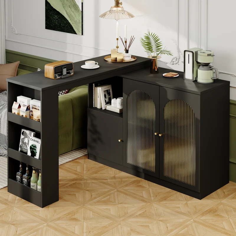 Table de bar noire pivotante 360° avec portes vitrées 120x40x97cm ARMOIRECOLLECTION