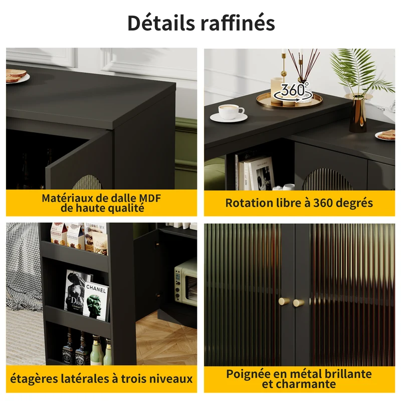 Table de bar noire pivotante 360° avec portes vitrées 120x40x97cm ARMOIRECOLLECTION