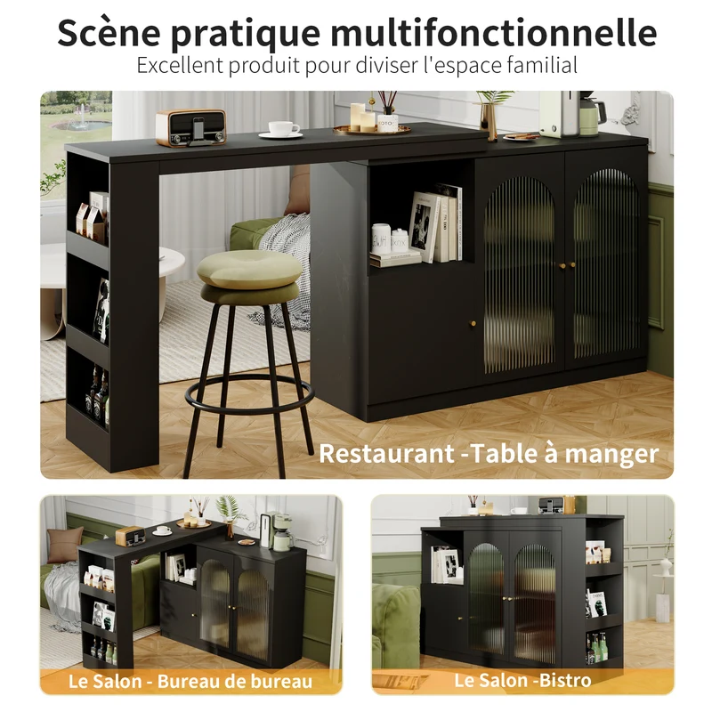 Table de bar noire pivotante 360° avec portes vitrées 120x40x97cm ARMOIRECOLLECTION