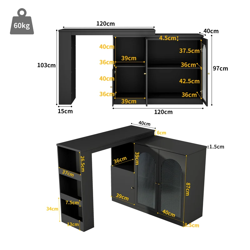 Table de bar noire pivotante 360° avec portes vitrées 120x40x97cm ARMOIRECOLLECTION