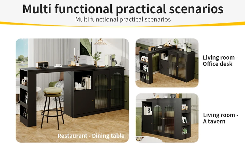 Table de bar noire pivotante 360° avec portes vitrées 120x40x97cm ARMOIRECOLLECTION