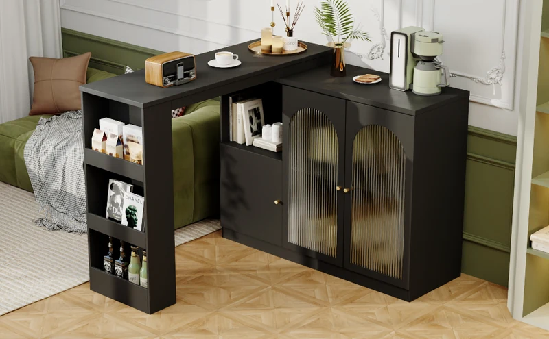 Table de bar noire pivotante 360° avec portes vitrées 120x40x97cm ARMOIRECOLLECTION