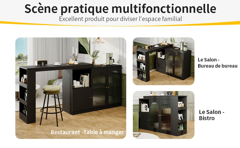 Table de bar noire pivotante 360° avec portes vitrées 120x40x97cm ARMOIRECOLLECTION