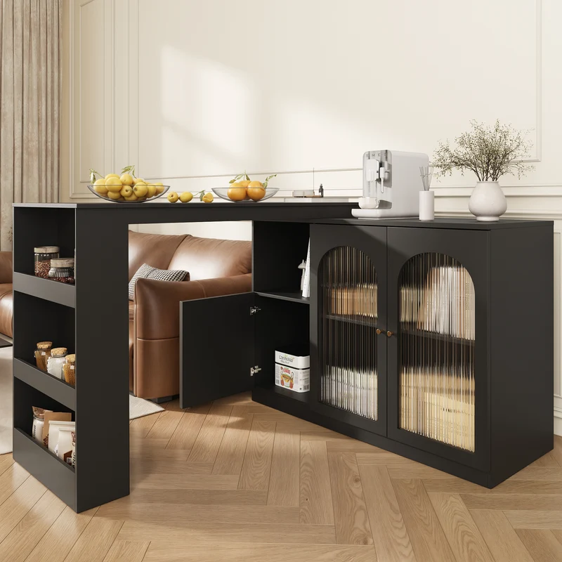 Table de bar noire pivotante 360° avec portes vitrées 120x40x97cm ARMOIRECOLLECTION