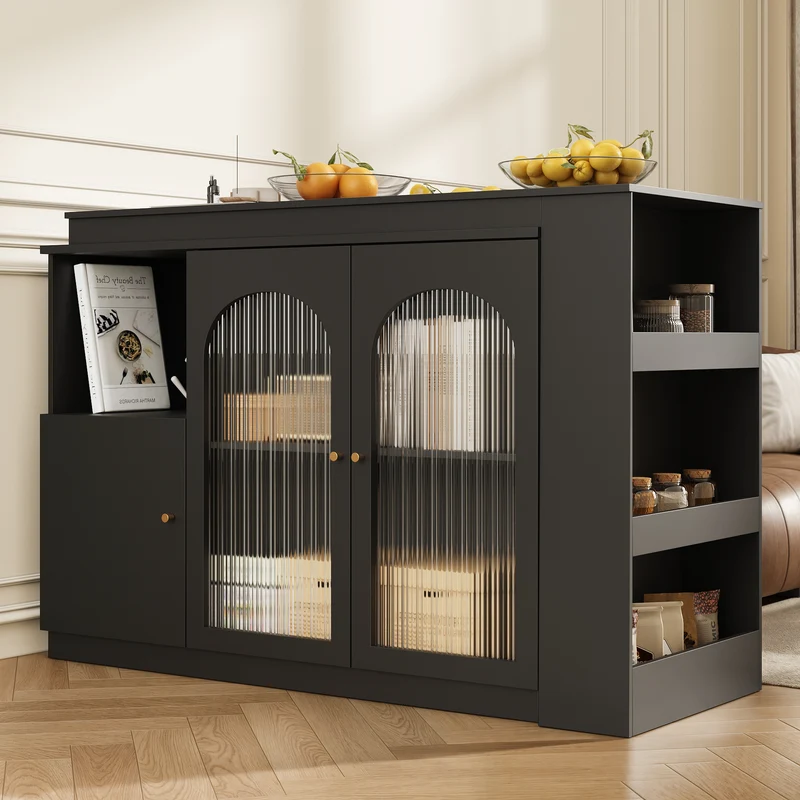 Table de bar noire pivotante 360° avec portes vitrées 120x40x97cm ARMOIRECOLLECTION