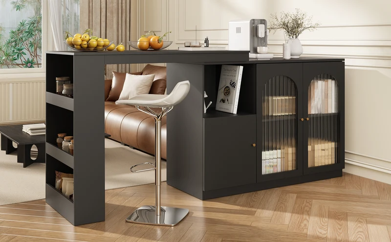 Table de bar noire pivotante 360° avec portes vitrées 120x40x97cm ARMOIRECOLLECTION