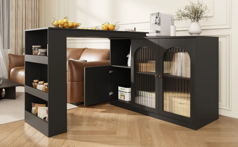 Table de bar noire pivotante 360° avec portes vitrées 120x40x97cm ARMOIRECOLLECTION