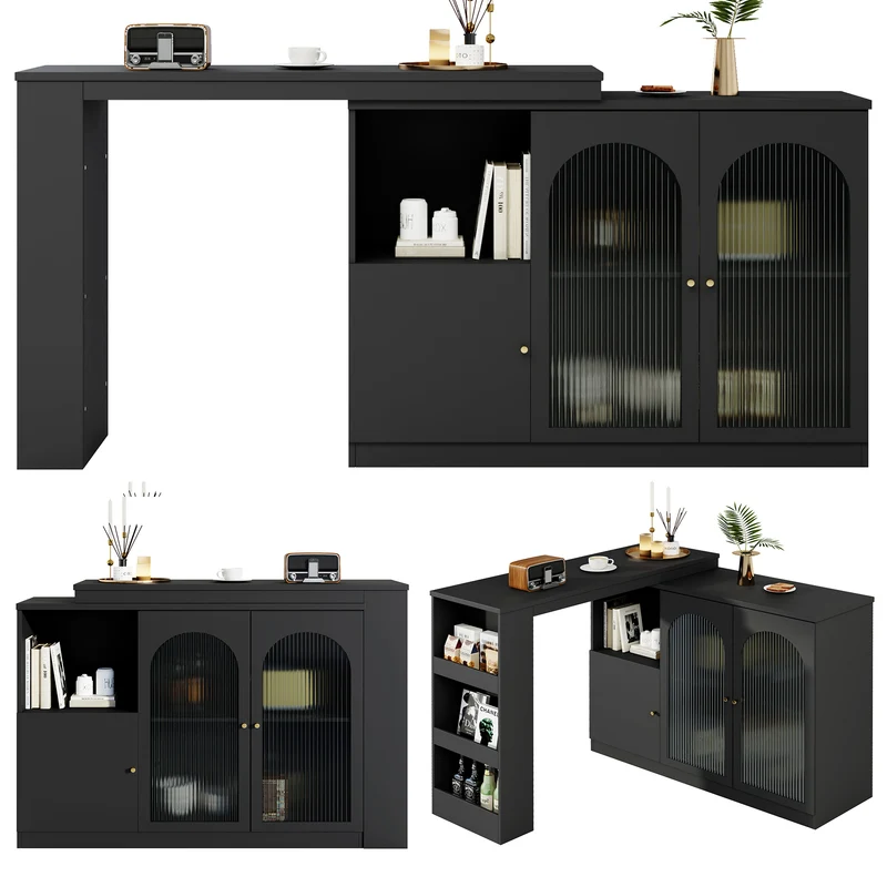 Table de bar noire pivotante 360° avec portes vitrées 120x40x97cm ARMOIRECOLLECTION