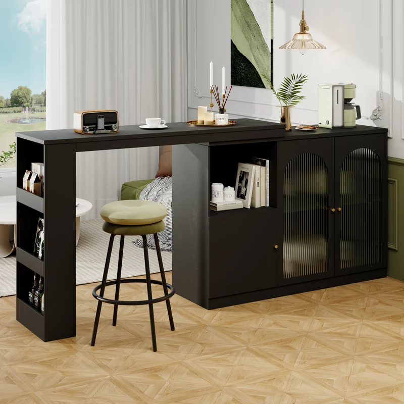 Table de bar noire pivotante 360° avec portes vitrées 120x40x97cm ARMOIRECOLLECTION