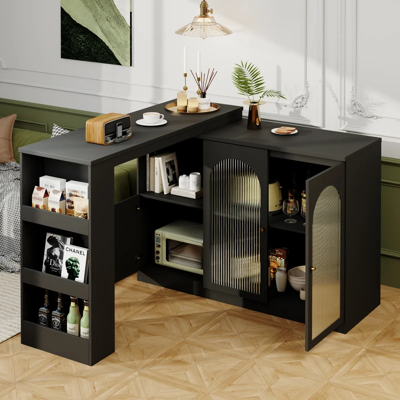 Table de bar noire pivotante 360° avec portes vitrées 120x40x97cm ARMOIRECOLLECTION