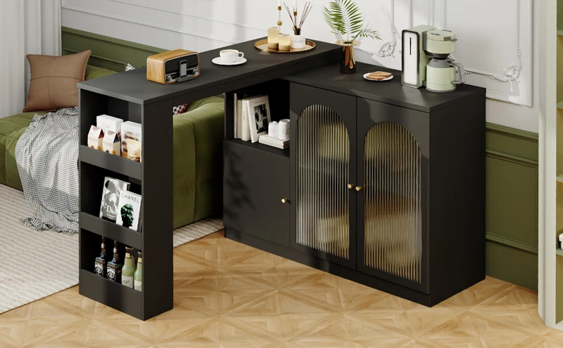 Table de bar noire pivotante 360° avec portes vitrées 120x40x97cm ARMOIRECOLLECTION