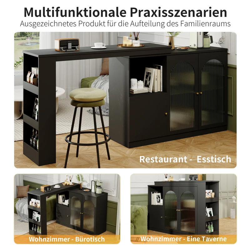 Table de bar noire pivotante 360° avec portes vitrées 120x40x97cm ARMOIRECOLLECTION