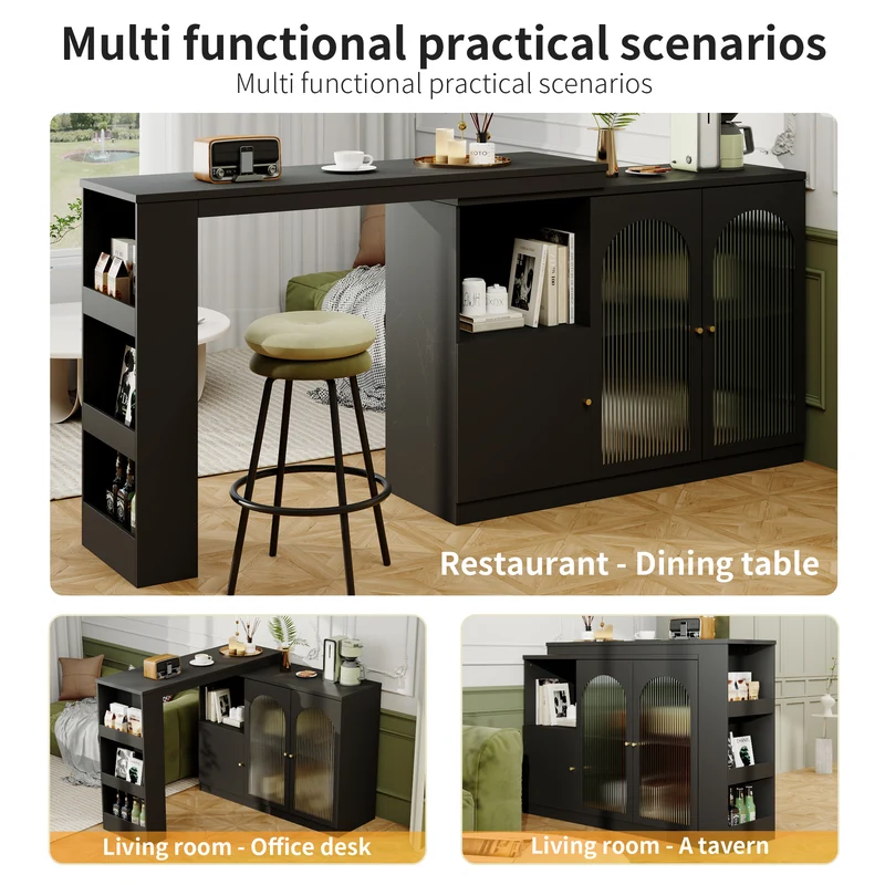 Table de bar noire pivotante 360° avec portes vitrées 120x40x97cm ARMOIRECOLLECTION