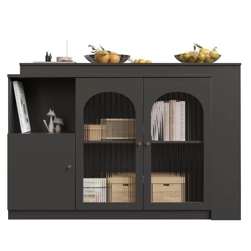 Table de bar noire pivotante 360° avec portes vitrées 120x40x97cm ARMOIRECOLLECTION
