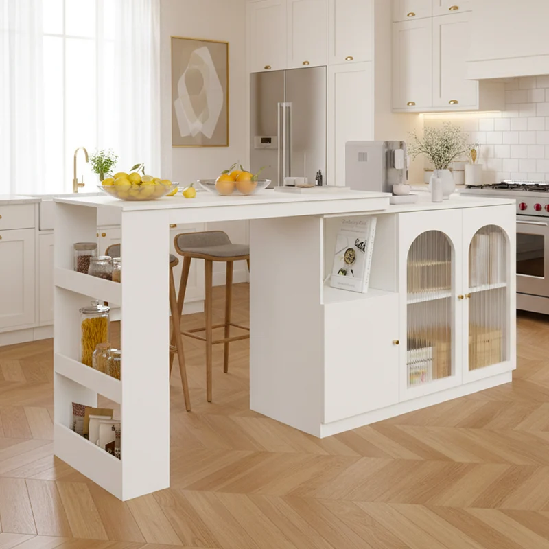 Table de bar pivotant 360° blanc, porte en verre et rangement 120x40x97cm ARMOIRECONCRETE
